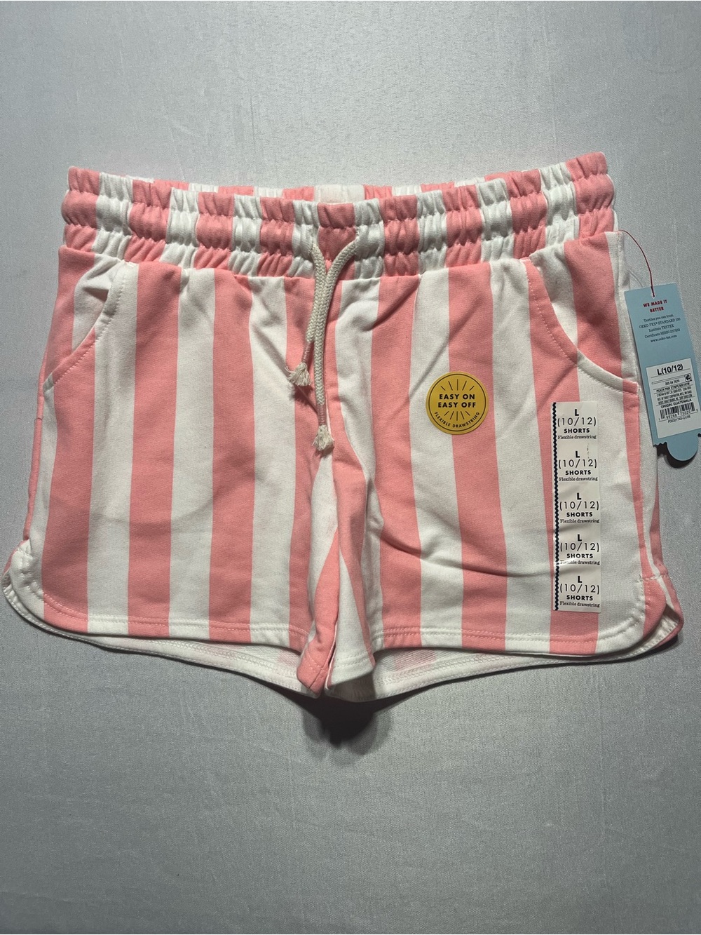 Girls Large (10/12) Pink/Coral & White Striped Casual Drawstring Pull On Shorts